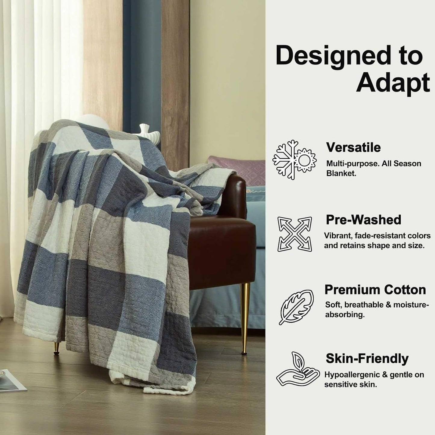 Checkered Throw Blanket, Soft Cozy Reversible 4 Layer Pre-Washed Cotton Blankets Lightweight Breathable Queen Throw Blanket BOR All Season,Blue Checkered, 60" X 80"