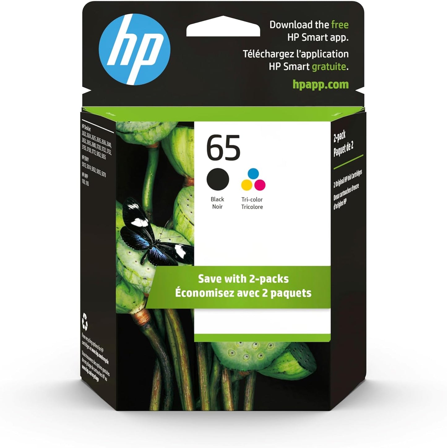 HP 65 Black/Tri-Color Ink Cartridges (2-Pack) | Works with AMP 100, DeskJet 2600, 3700, Envy 5000 | Eligible for Instant Ink | T0A36AN
