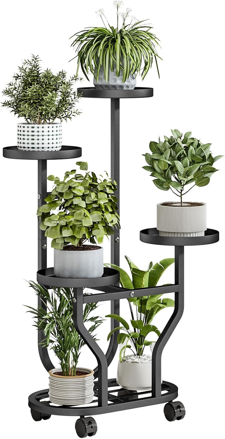 Plant Stand Indoor Outdoor 4 Tier Flower Holder with Wheels Metal Plant Shelf Corner Display Rack Multi Plants Sheleves for Living Room Garden Patio Black