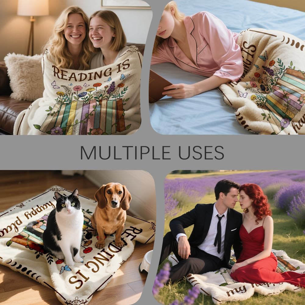 GLOBLELAND Books Flowers Throw 59x51 inch Butterflies Flannel Blanket for Book Lovers Washable Fuzzy Throw Blanket for Couch Chair Sofa Bed Dorm Bedroom Home