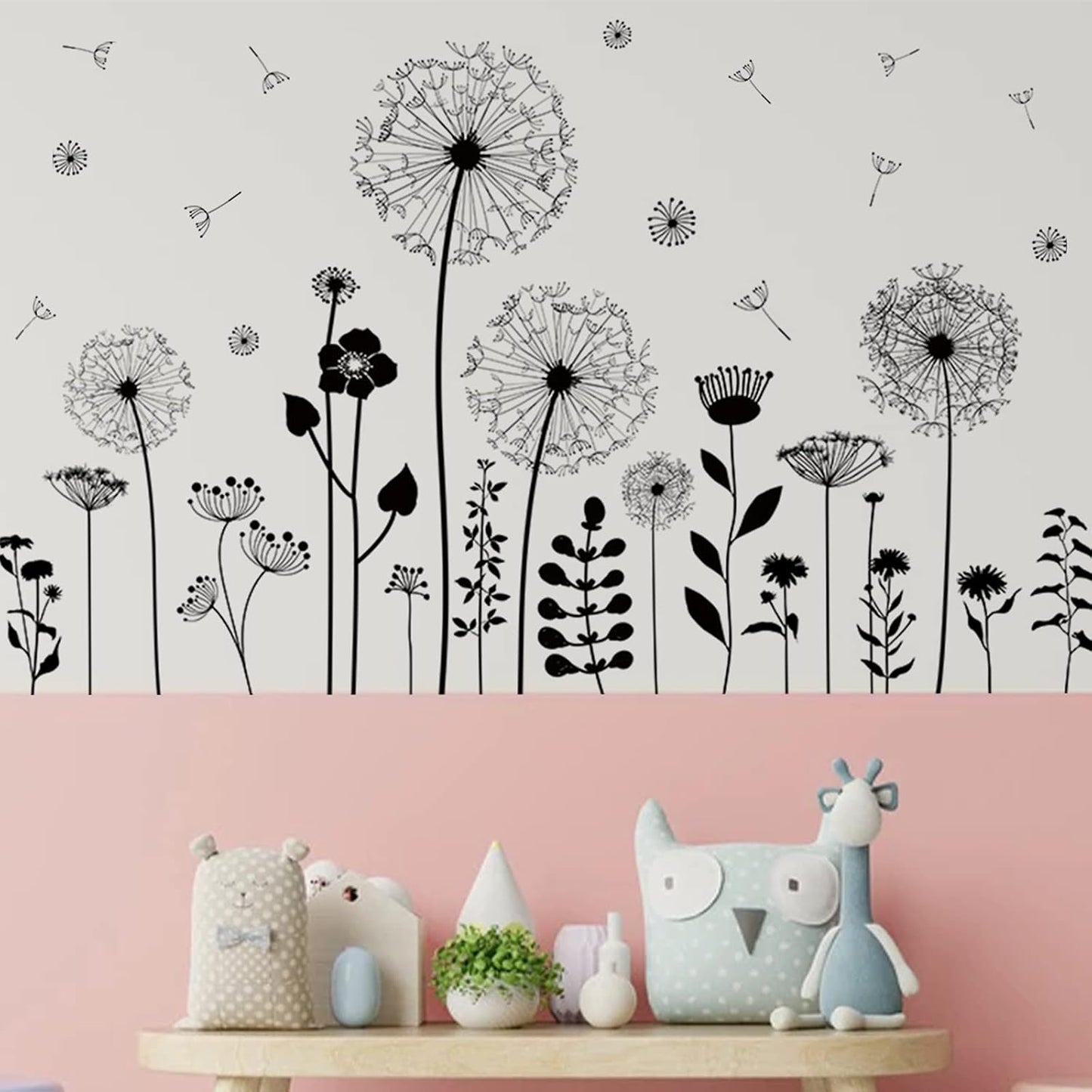 Large Dandelion Wall Stickers, Attractive Flying Flowers Wall Decals, Removable Plants Wall Décor, DIY Art Mural Vinyl for Bedroom Living Room Sofa Backdrop Classroom Decoration (Black)