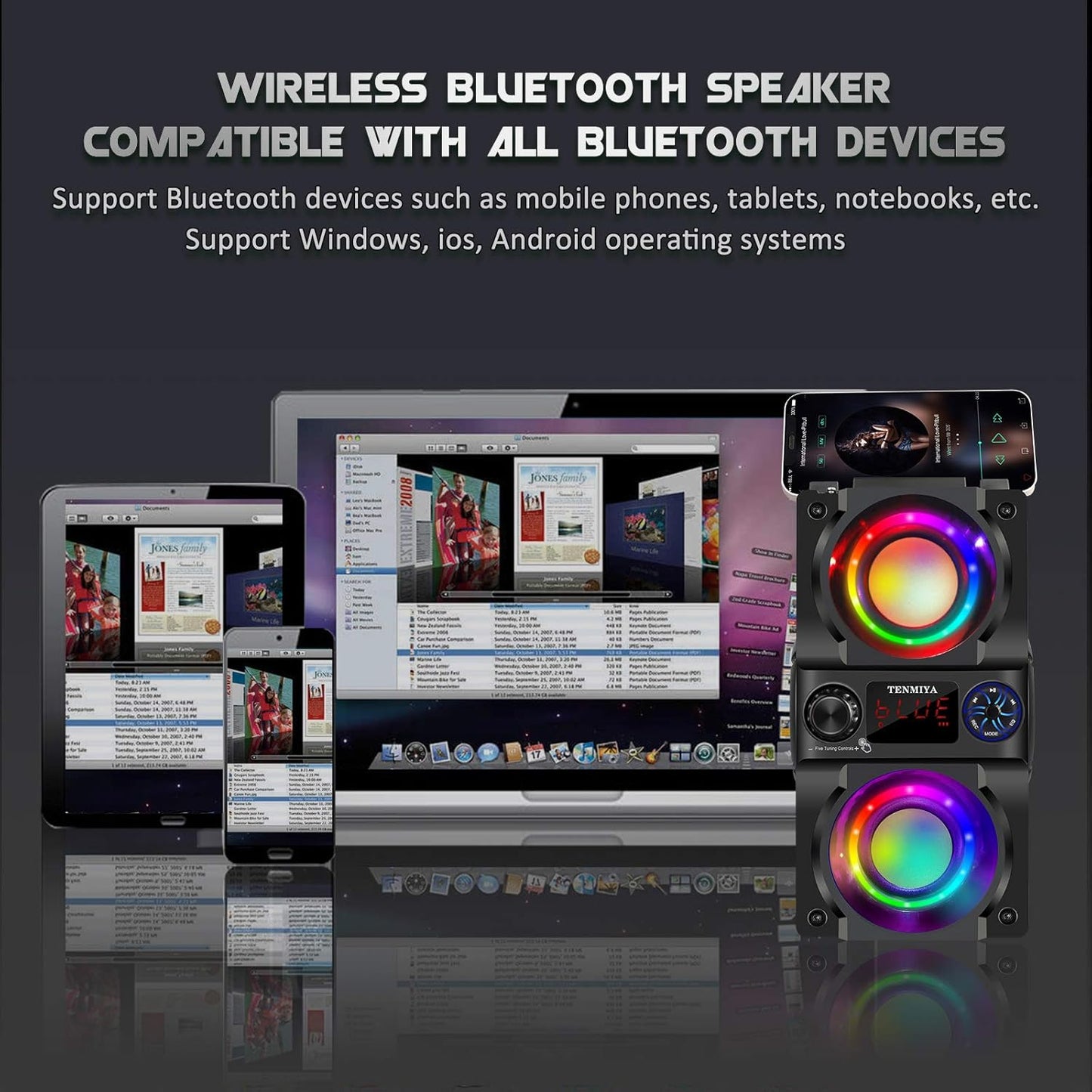 Bluetooth Speaker, 40W (60W Peak) Portable Wireless Speaker with Colorful Lights, Double Subwoofer Heavy Bass, FM Radio, MP3 Player, Bluetooth 5.0, Loud Stereo speakers for Home Outdoor Party Camping