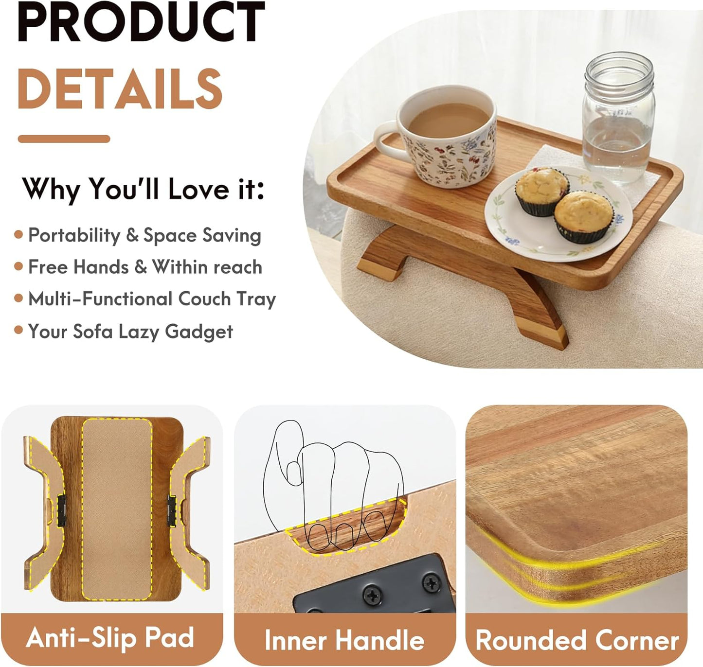 SINWANT Couch Arm Table,Acacia Wood Sofa Arm Rest Tray for Couch,13.78" Foldable Couch Armrest Tray Tables for Home Apartment Small Spaces
