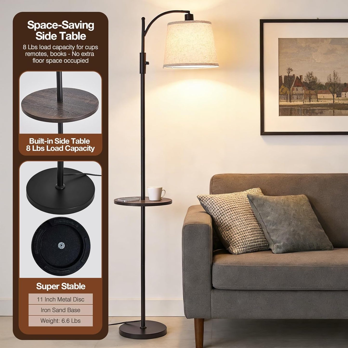 AIDENOEY Smart Floor Lamp with Side Table | Stepless Dimming, RGB Multi-Color | Adjustable Swivel Head | Voice Control with Alexa & Google Assistant |Black Lamp for Living Room,Bedroom,Home Office