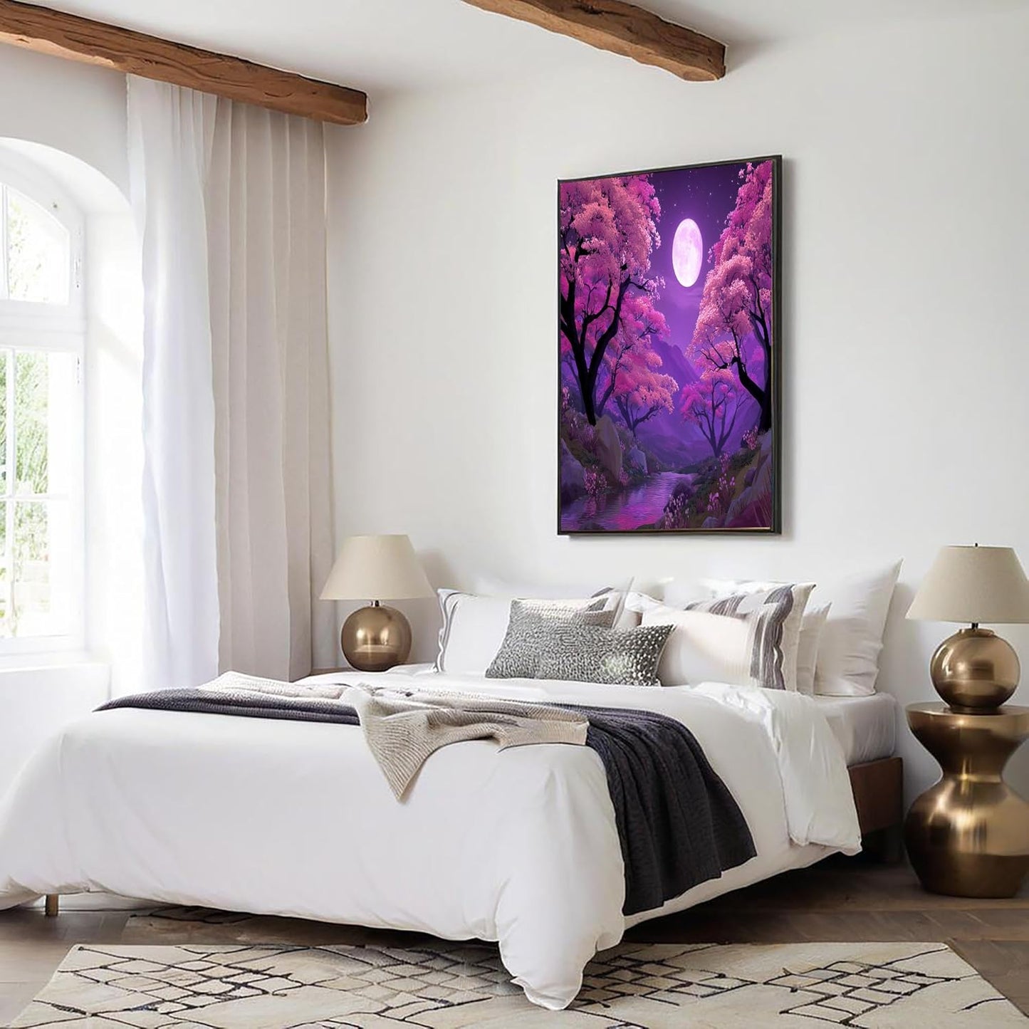 GDJSMIN Cartoon Scenery Wall Art, Purple Sky Cherry Blossom Trees Poster for Reading Room Living Room Decor 16x 24 inch Unframed