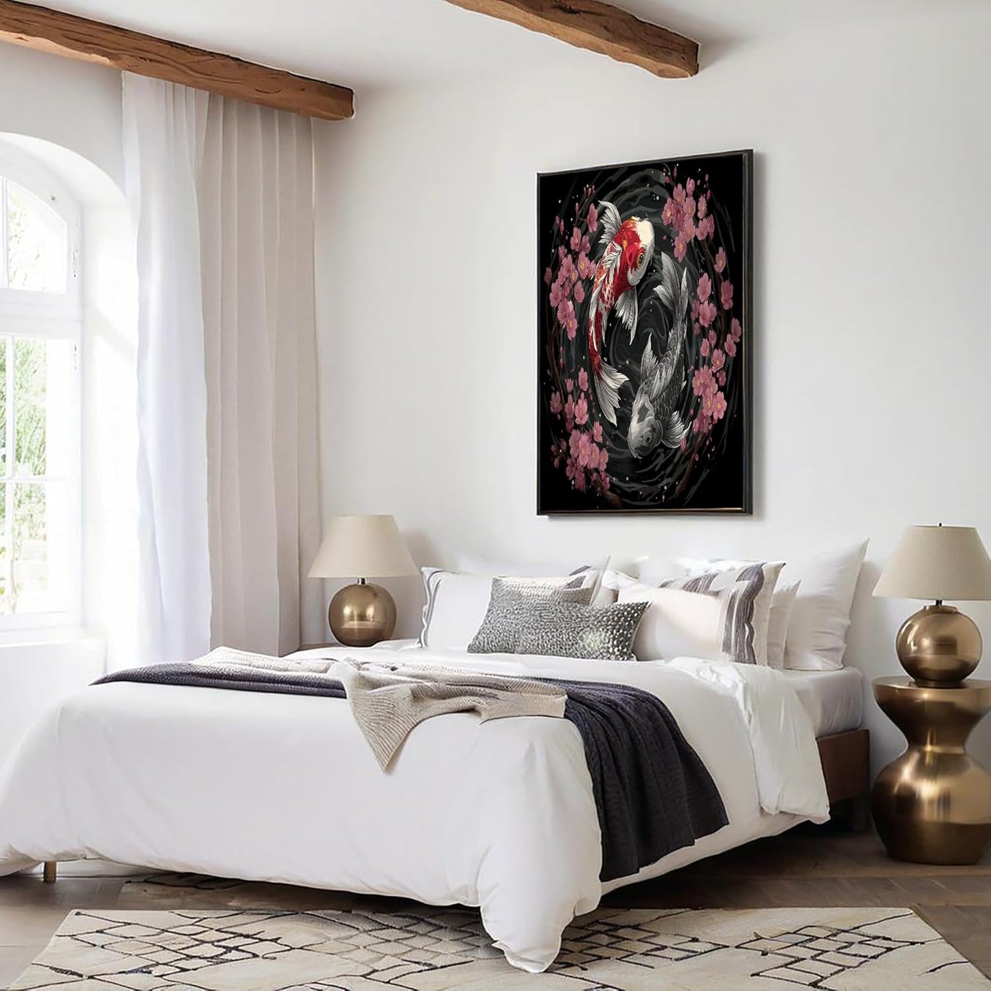 GDJSMIN Japanese Tattoo Aesthetics Wall Art, Yin And Yang Koi Cherry Blossoms Poster for Reading Room Living Room Decor 12x 16 inch Unframed