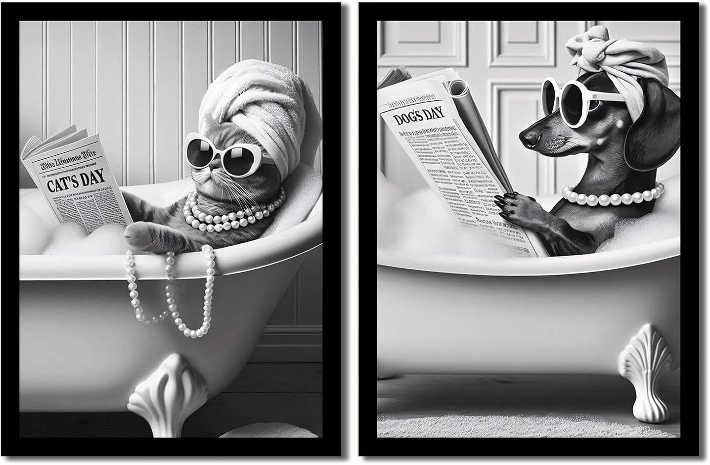 Framed Black and White Funny Cat and Dog Wall Art Set of 2 Canvas Prints, Vintage Animals Reading Newspaper Wall Decor, Humorous Pet Bathroom Decor Pictures with Wood Frame Acrylic Front for Bathroom Decor 12x16IN
