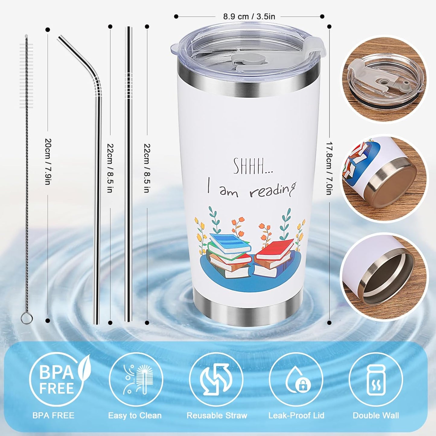 Book Lovers Gift Set, 8 PCS Readers Set With 20 oz Tumbler, Lid, Straw Brush, Canvas Tote Bag, Socks, Key Chain, Thanks Card, Gift Box - Book Accessories Reading Idea for Women Girl