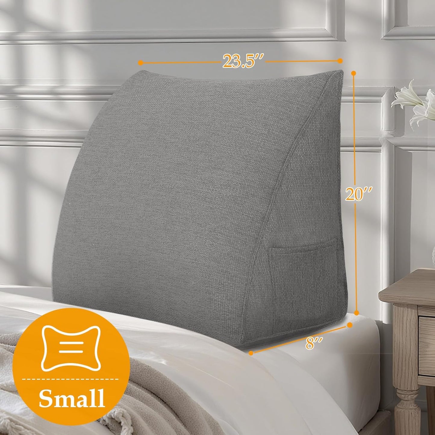 Wedge Headboard Pillow Reading Pillows for Sitting in Bed Adult Backrest Cushion with Removable Cover Side Pockets Sofa Grey