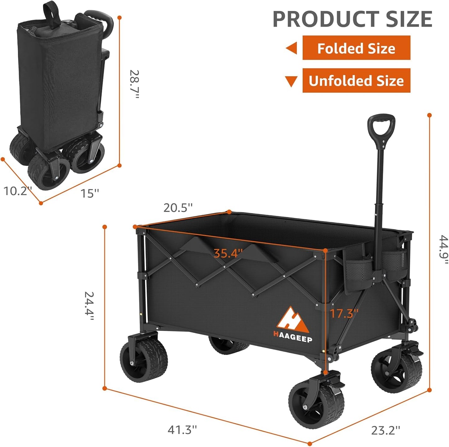 Collapsible Wagon Cart with Wheels Foldable - Folding Utility Heavy Duty Wagons Carts for Grocery Sports Garden Shopping Camping Wheelbarrows (Black200L)