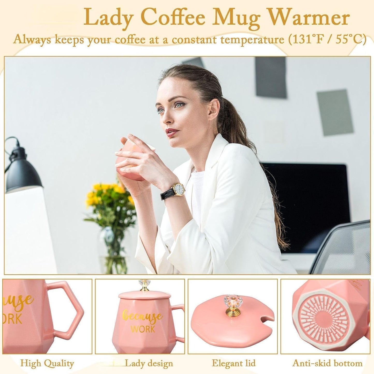 Hushee Christmas Lady Gift Coffee Mug Warmer for Women 13.5 oz Cup Warmer with Mug Set Electric Tea Water Warmers Appreciation Cup Heater with Lid Spoon and Coaster for Desk Office Home (Pink)