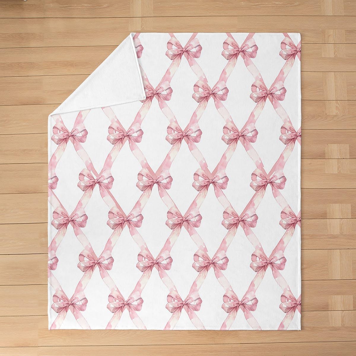 Manfei Pink Bowknot Flannel Blanket for Kids,Dreamy Princess Style Kids Girls Fleece Throw Blanket for Bedroom Sofa Dorm,Watercolor Bow Geometric Grids White Bed Blanket,Baby (30 x 40 Inches)