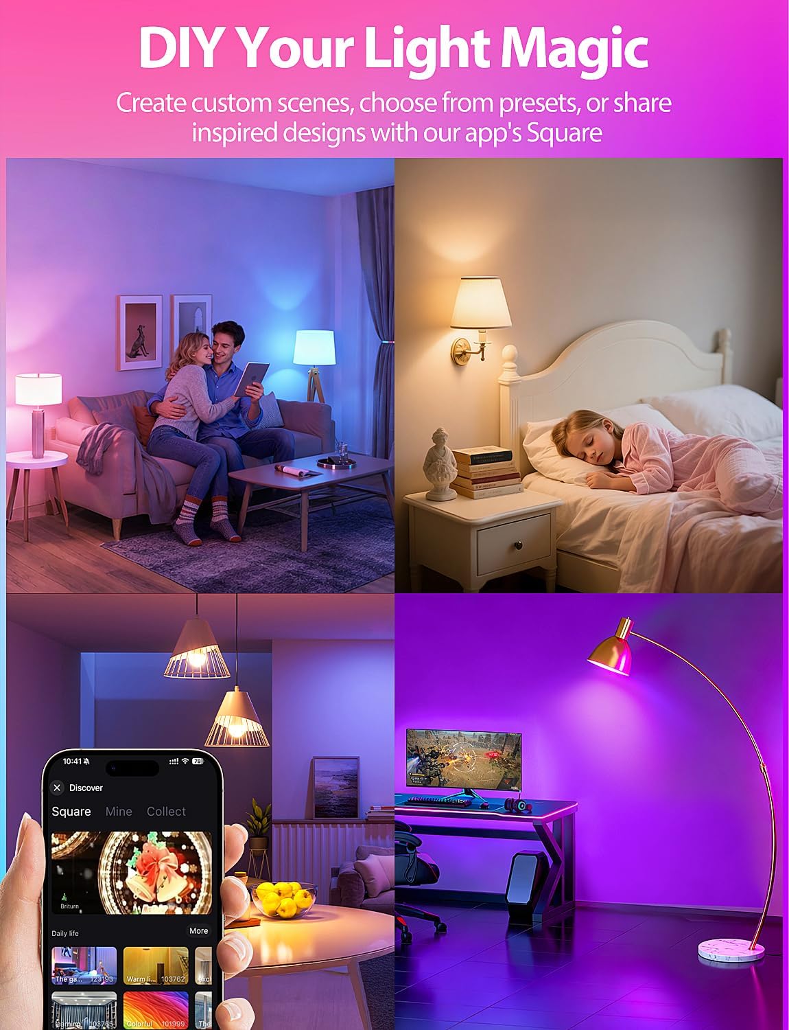 LED Smart Light Bulbs, Color Changing Light Bulb 9W, Compatible with Alexa & Google Assistant, 2.4GHz Bluetooth WiFi Light Bulbs, 16 Million Colors RGBTW A19 60W Equivalent Bulb, 800LM, 1 Pack