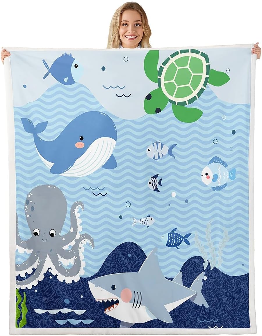 Shark and Whale Fleece Throw Blanket Super Soft Cozy Cartoon Sea Animal Sherpa Blanket for Kids Women Adults Octopus Turtle Plush Blanket Underwater World Fuzzy Blanket for Sofa Bed(30x40 Inches)
