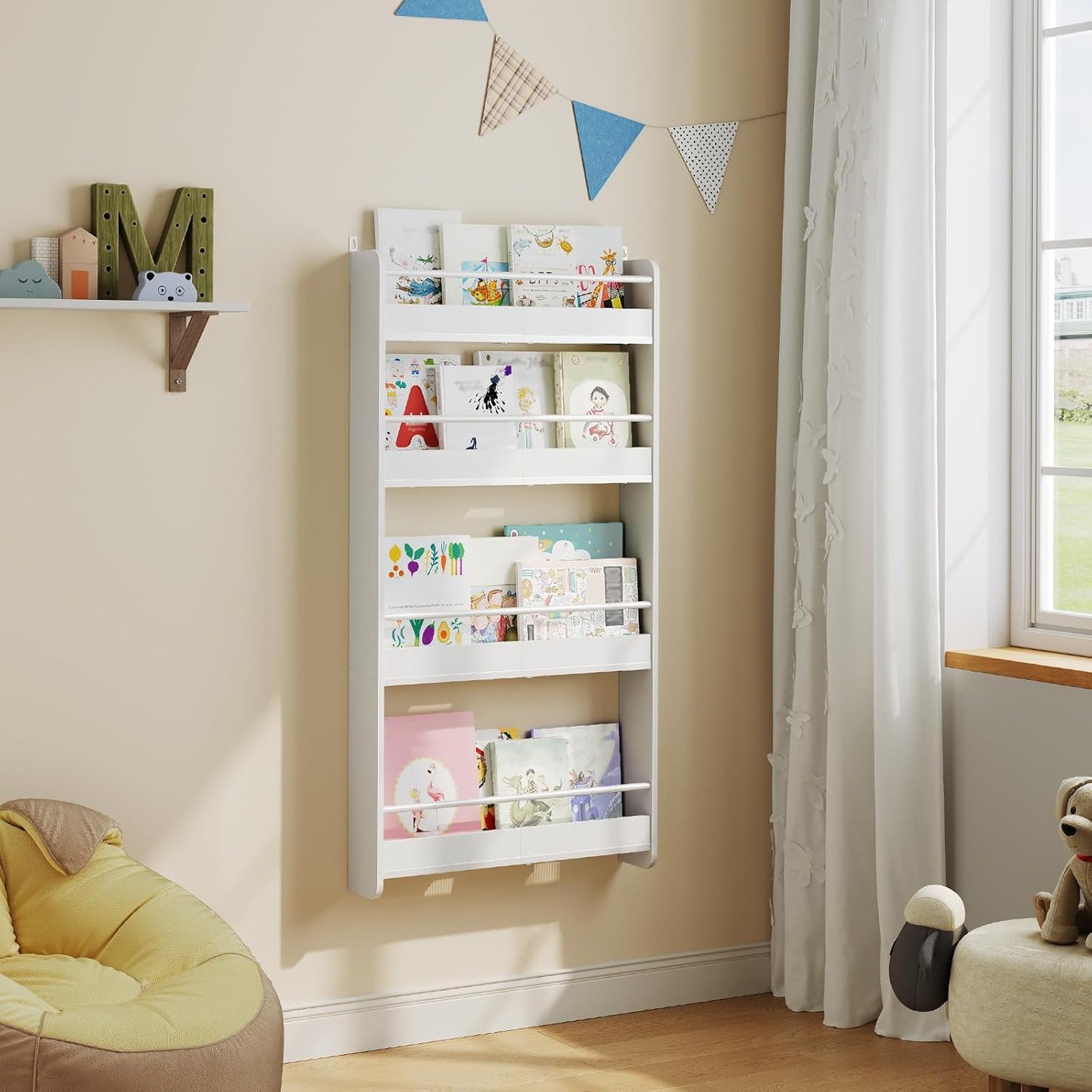 Kids Bookshelf, 4-Tier Wall Mount Bookshelf for Kids, Wooden Nursery Bookshelves, Hanging Book Shelf for Kid Room, Playroom, Bedroom, Living Room, White BKBW7601N1