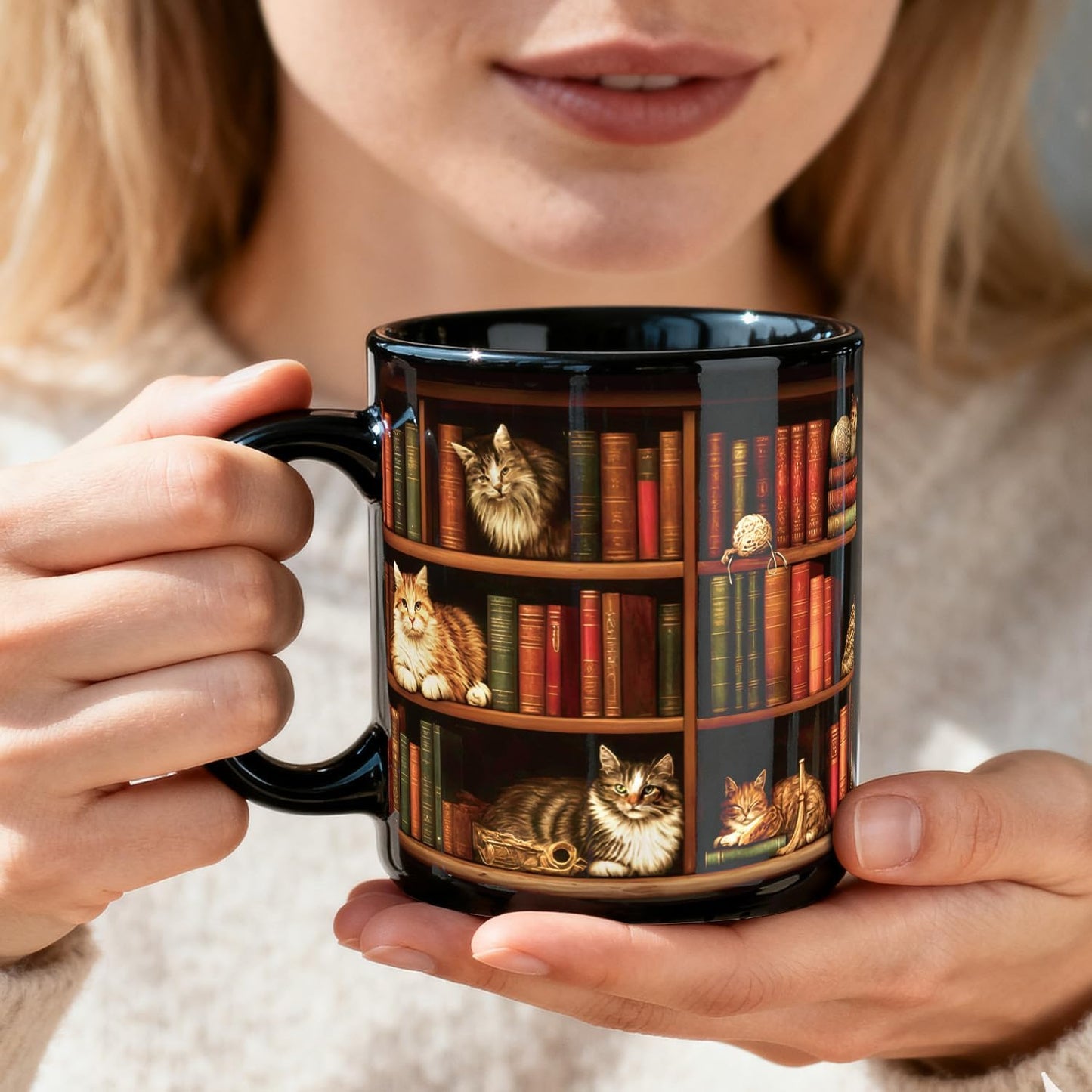 Cat Bookshelf Coffee Mug Gifts for Book Lovers, Book Lover Bookish Gifts for Bookworm Women Readers Librarian Writer, Cat Lovers Black Mugs 11oz