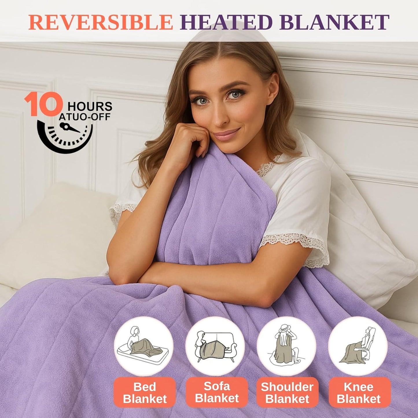 Electric Heated Blanket Sherpa Twin Size 62"x84" Purple Machine Washable 6 Heat Settings 10 Hours Auto Off Overheat Protection for Home Office Use