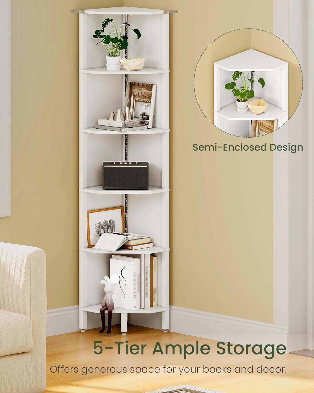 LED Corner Shelf with Lights, 5-Tier Diamond Shape Bookshelf, Standing Narrow Storage Organizer for Living Room, Bedroom, Office, Study, White MCJ03DWB
