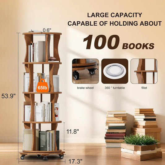 4 Tier Solid Wood Rotating Bookshelf with Wheels, Round Revolving Bookcase Organizer, 360° Spinning Storage Shelf for Corner, Small Narrow Spaces, Home, Office, BedRoom,Living Room,Study Room