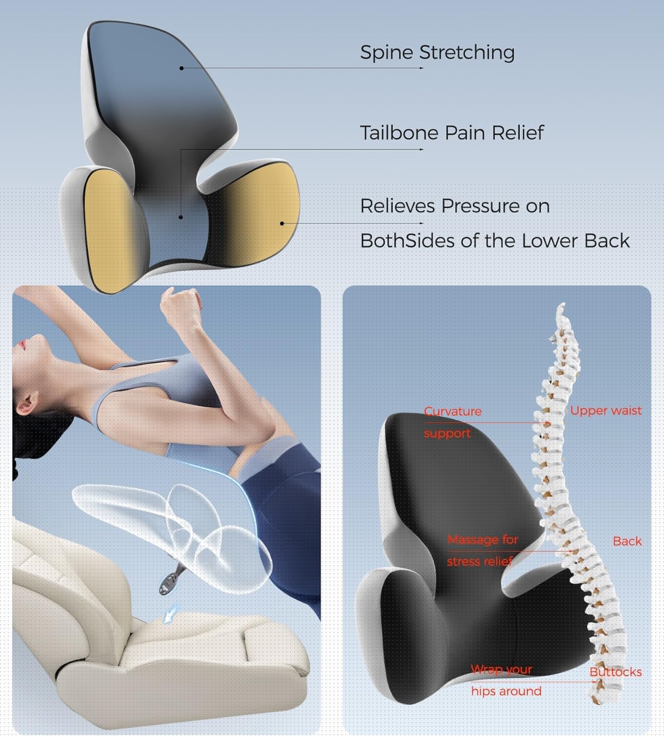 BEBAS Lumbar Support Pillow for Office Chair - Ergonomic Memory Foam Back Cushion for Lower Back Pain Relief - Washable & Breathable Cover - Fits Car Seats, Gaming Chairs & Wheelchairs - Black Gray