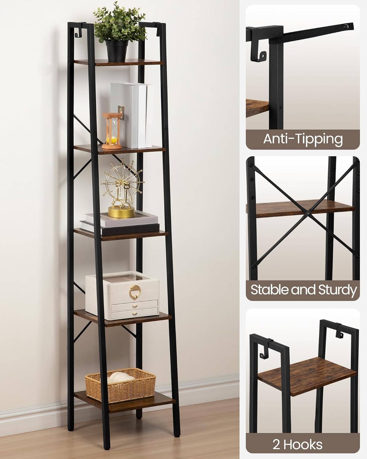 Ladder Shelf, Bookshelf Bookcase, Freestanding Corner Storage Shelve with 2 Hooks for Home Office, Living Room, Kitchen, Bedroom, Industrial, 11.8" D x 13.4" W x 63" H, Rustic Brown BC03201B