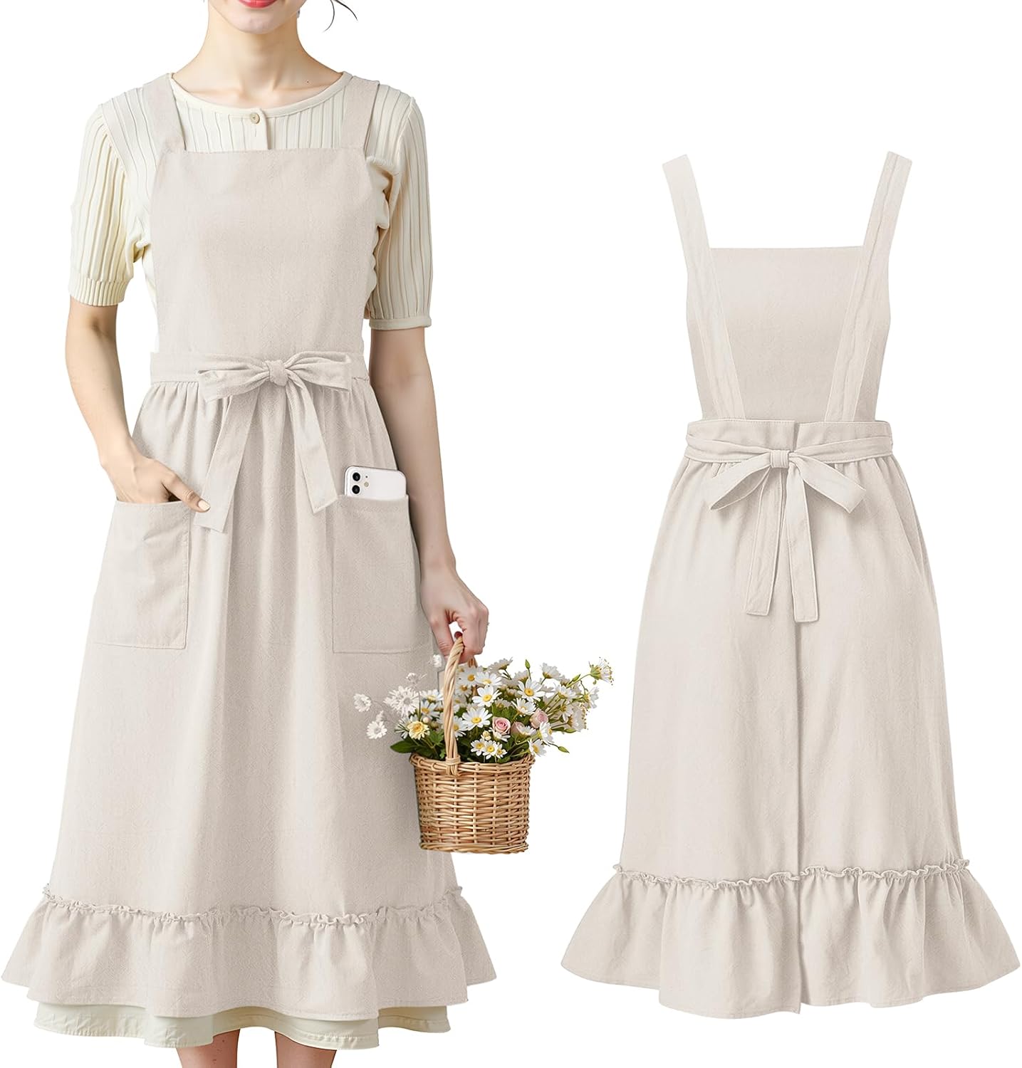 100% Cotton Aprons with Pockets Pinafore Dress for Women Vintage Cute Aprons for Kitchen Baking Gardening Painting