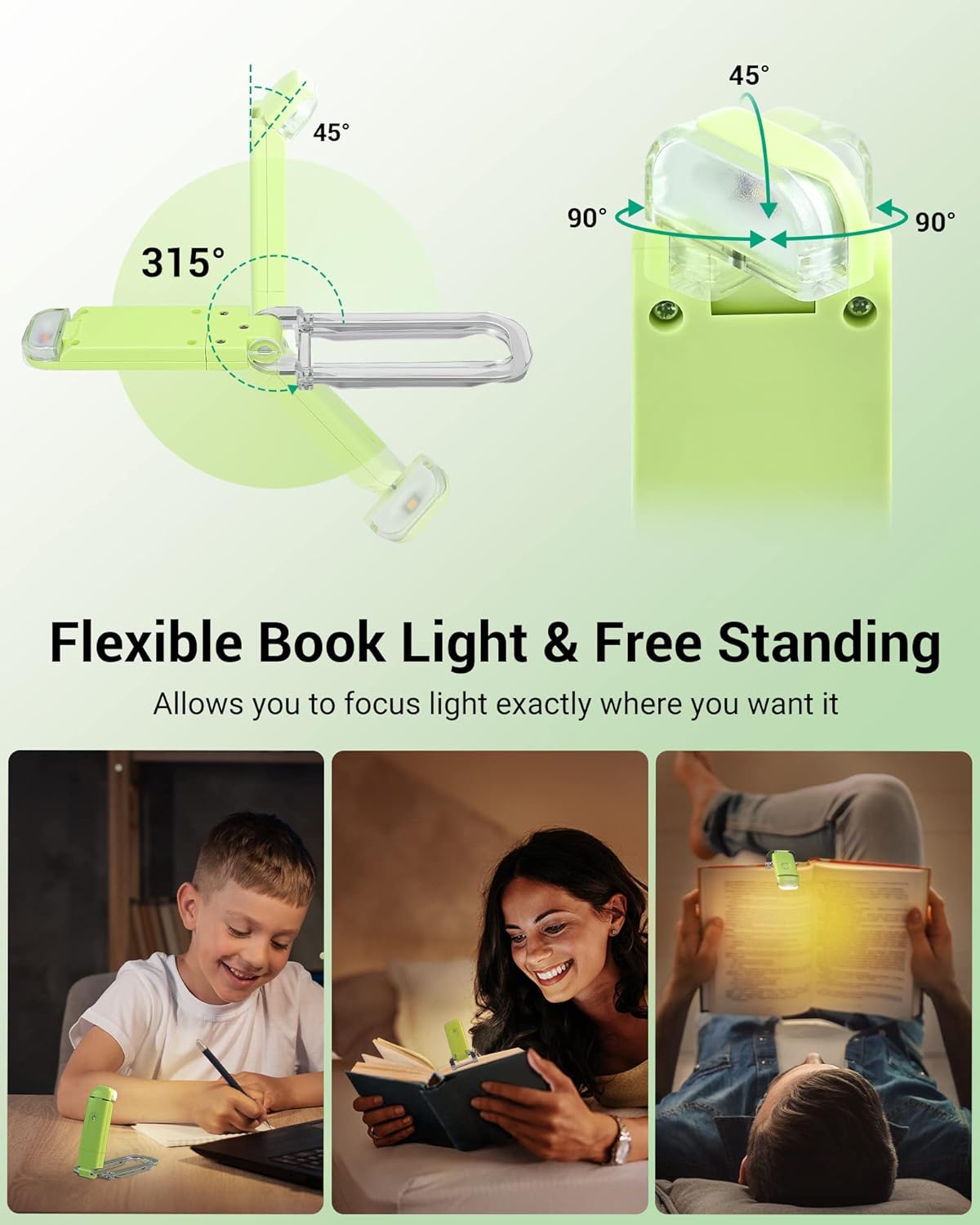 DEWENWILS Book Reading Light, USB Rechargeable Booklight for Reading at Night, LED Clip On Book Lights for Kids, Bookworms, Blue Light Blocking, Amber + Warm White (Green)