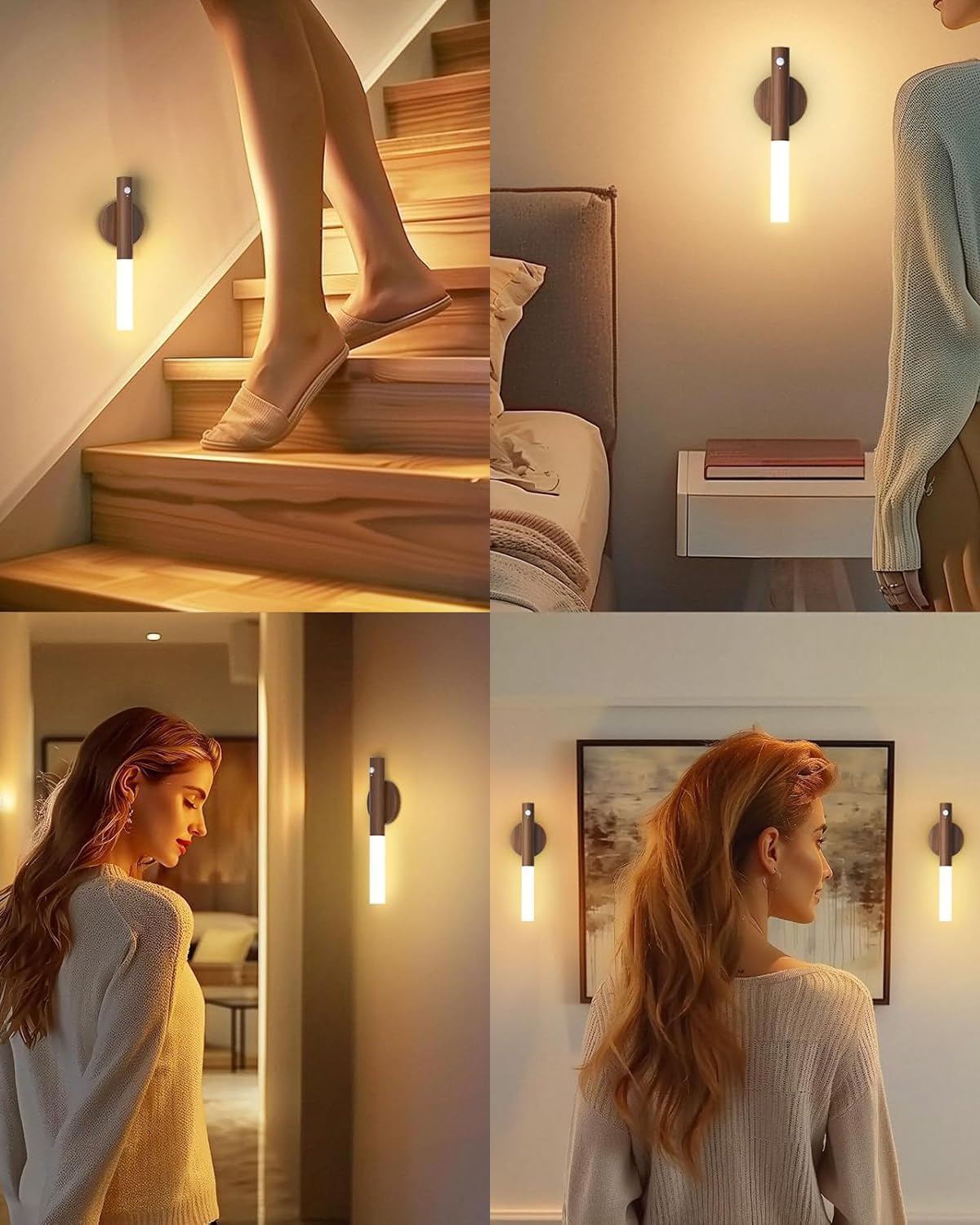 Battery-Operated Motion Sensor Night Lights: 2200mAh Rechargeable Wall Sconces Magnetic Wall Lights Wireless Stairway Lights Portable Hallway Light Wooden Wall Lighting for Bedroom Stair Picture