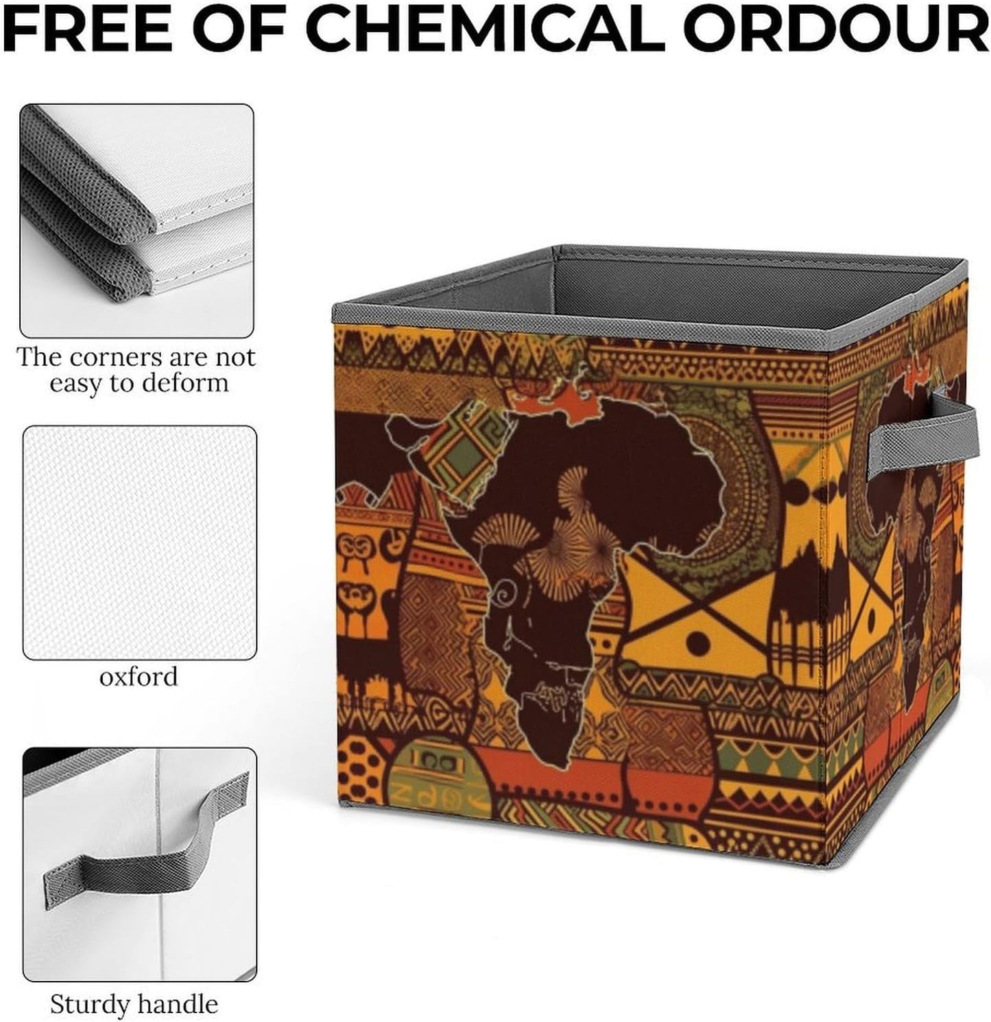 African Map Ethnic Pattern Storage Bins with Handles Fashion Large Storage Cubes Sturdy Foldable Storage Boxes Space-Saving Storage Baskets for Home Office Clothes Closet Organizers