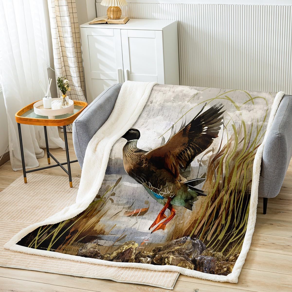 Mallard Duck Fleece Throw Blanket Boys Girls Wild Duck Hunting Sherpa Throw Blanket for Kids Women Men Ultra Soft Lodge Cabin Farmhouse Plush Blanket Fuzzy Flannal Blanket Room Decor Throw 50"x60"