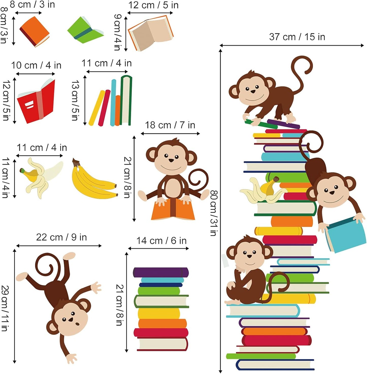 decalmile Monkey Wall Decals Animals Reading Books Wall Stickers Baby Nursery Kids Bedroom Classroom Wall Decor