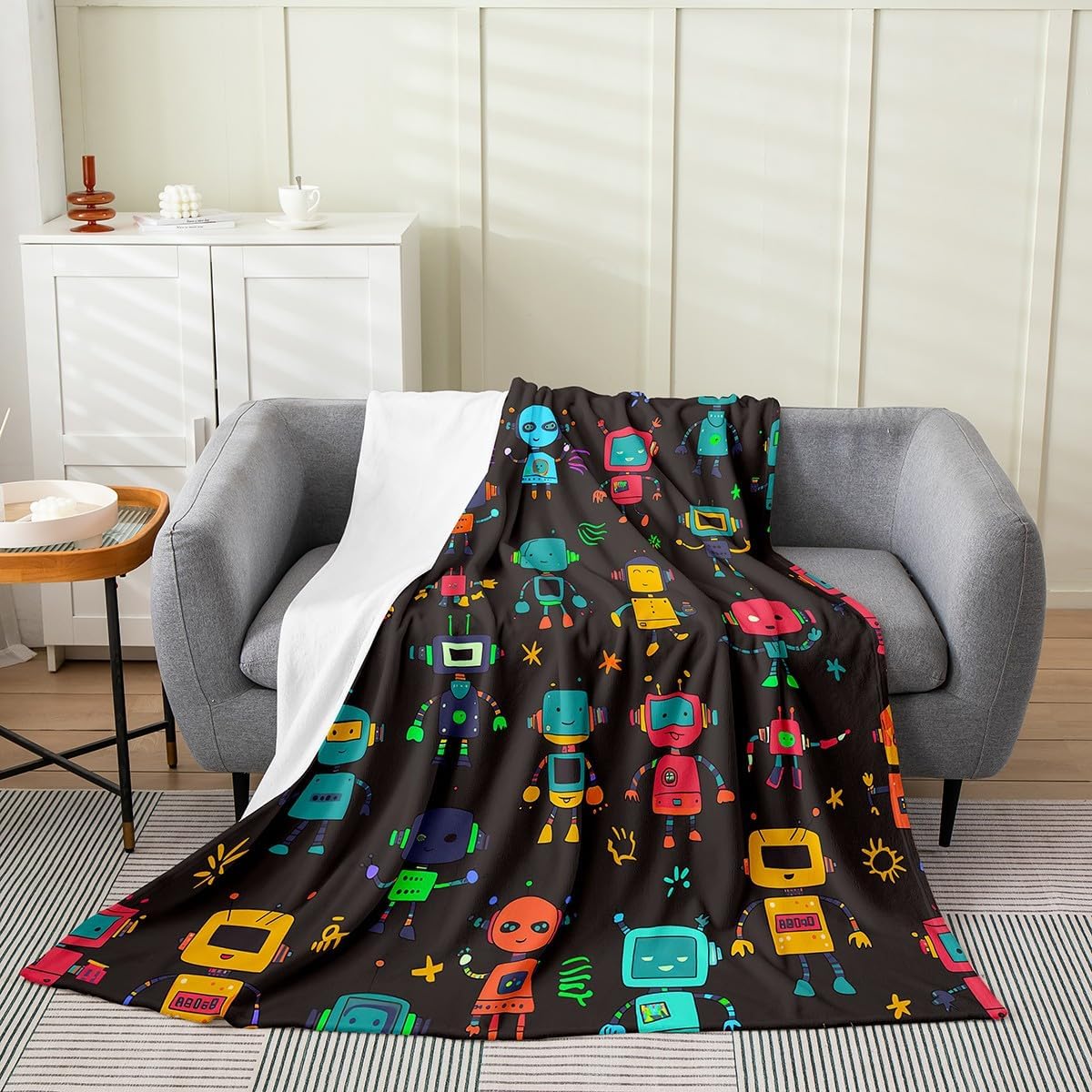 Erosebridal Robot Fleece Blanket 40x50,Cute Robot Blanket for Kids Children,Cartoon Toys Pattern Fuzzy Blanket Home Room Decor,Colorful Robot Theme Throw Blanket Soft Warm Bed Blanket