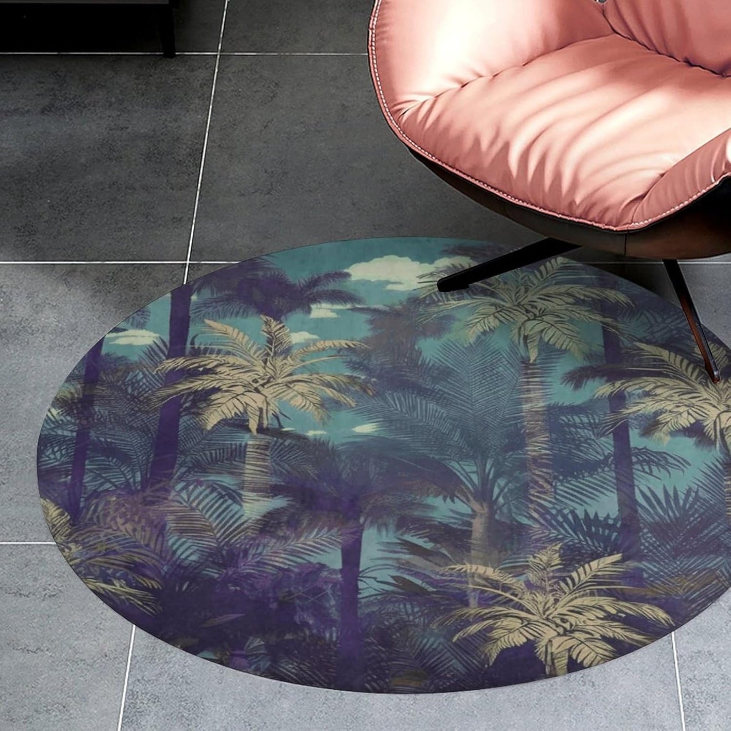 Fantasy Palm Tree Jungle Circle Rug Retro Luxury Coral Velvet Floor Mat Non Slip Soft Indoor Floor Carpet Comfy Thickened Area Rugs Modern Aesthetic Minimalist Carpets for Home Decor