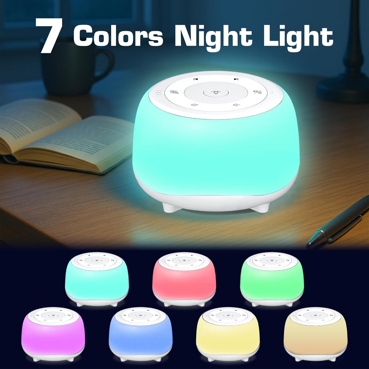 White Noise Sound Machine with 7 Colors Night Light 34 Soothing Sounds, Portable Sound Machine for Baby Adults Kids Sleep with 30 Volume Levels 4 Timers Adjustable Brightness (White)
