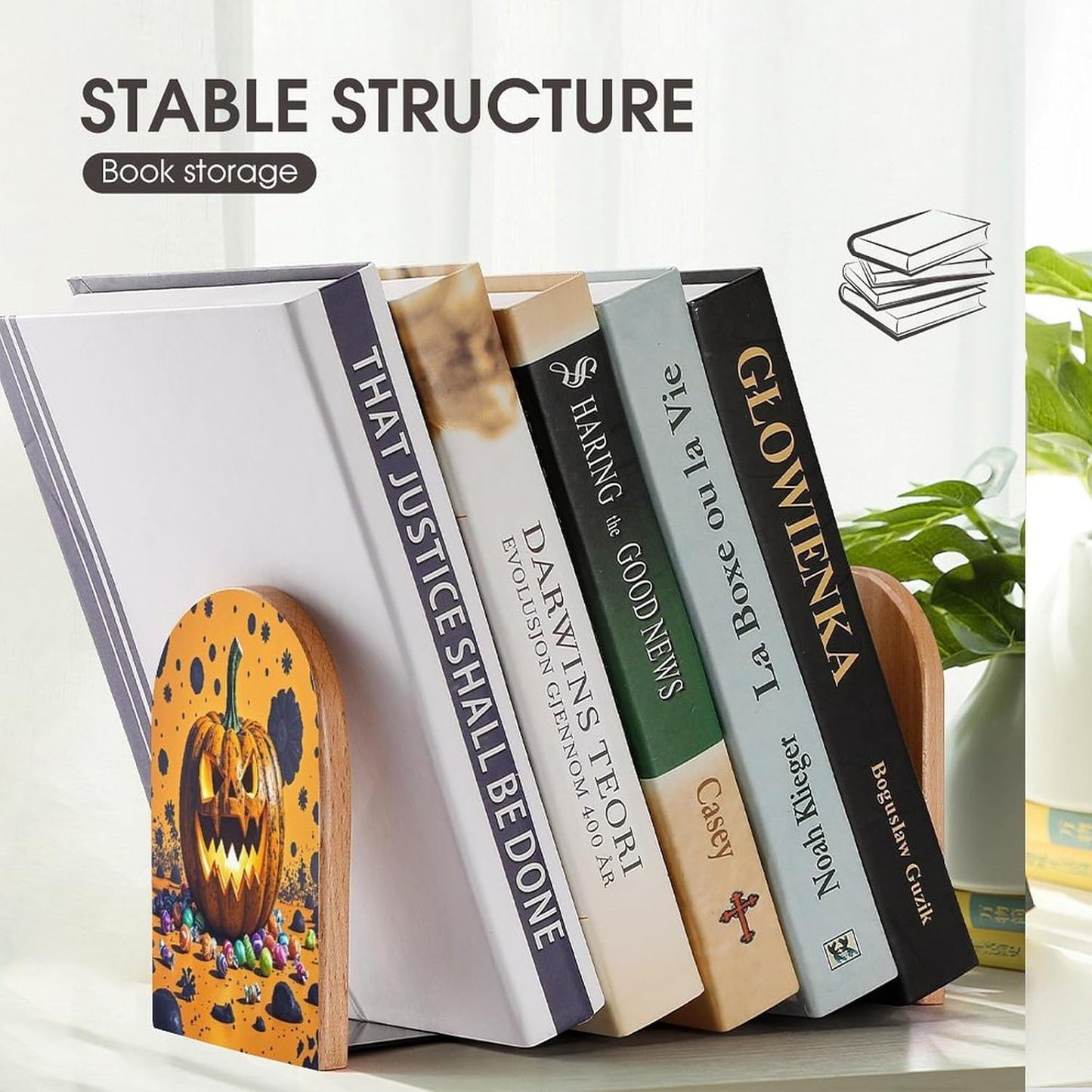 Halloween Pumpkin Monster Bookends 1 Pair Heavy Duty Book Ends for Shelves Non-Skid Bookend Supports Wooden Book Holders with Metal Base Desk Organizers Books Storage to Hold Books