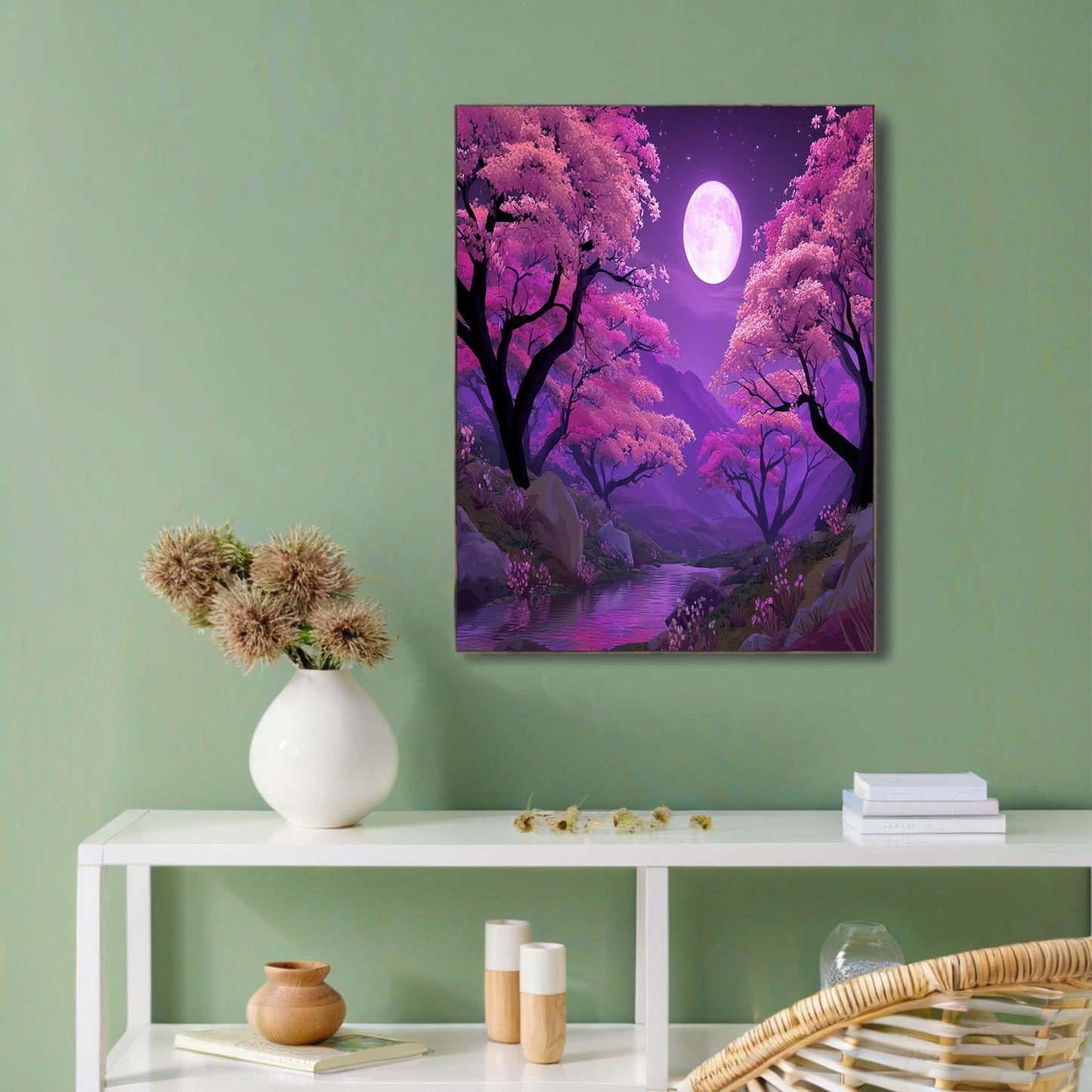 GDJSMIN Cartoon Scenery Wall Art, Purple Sky Cherry Blossom Trees Poster for Reading Room Living Room Decor 16x 24 inch Unframed