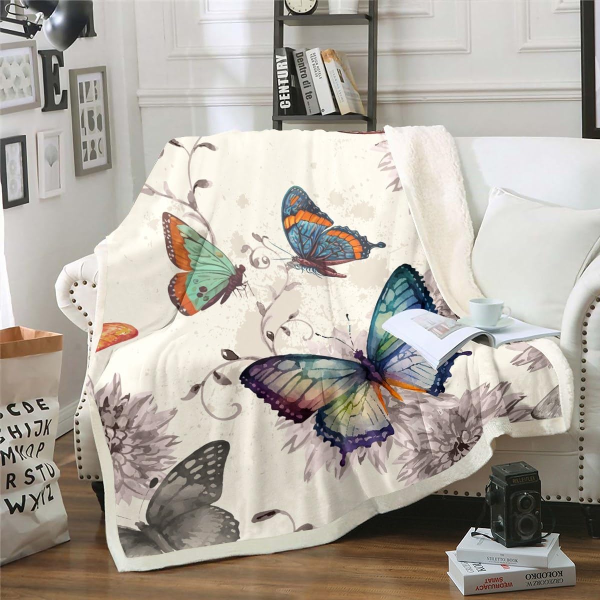 Erosebridal Butterfly Plush Bed Blanket Watercolor Flower Throw Blanket Queen 90"X90" for Women Girls Teens Colorful Butterfly Floral Sherpa Blanket Vintage Grunge Style Fleece Flanket Bedroom Decor