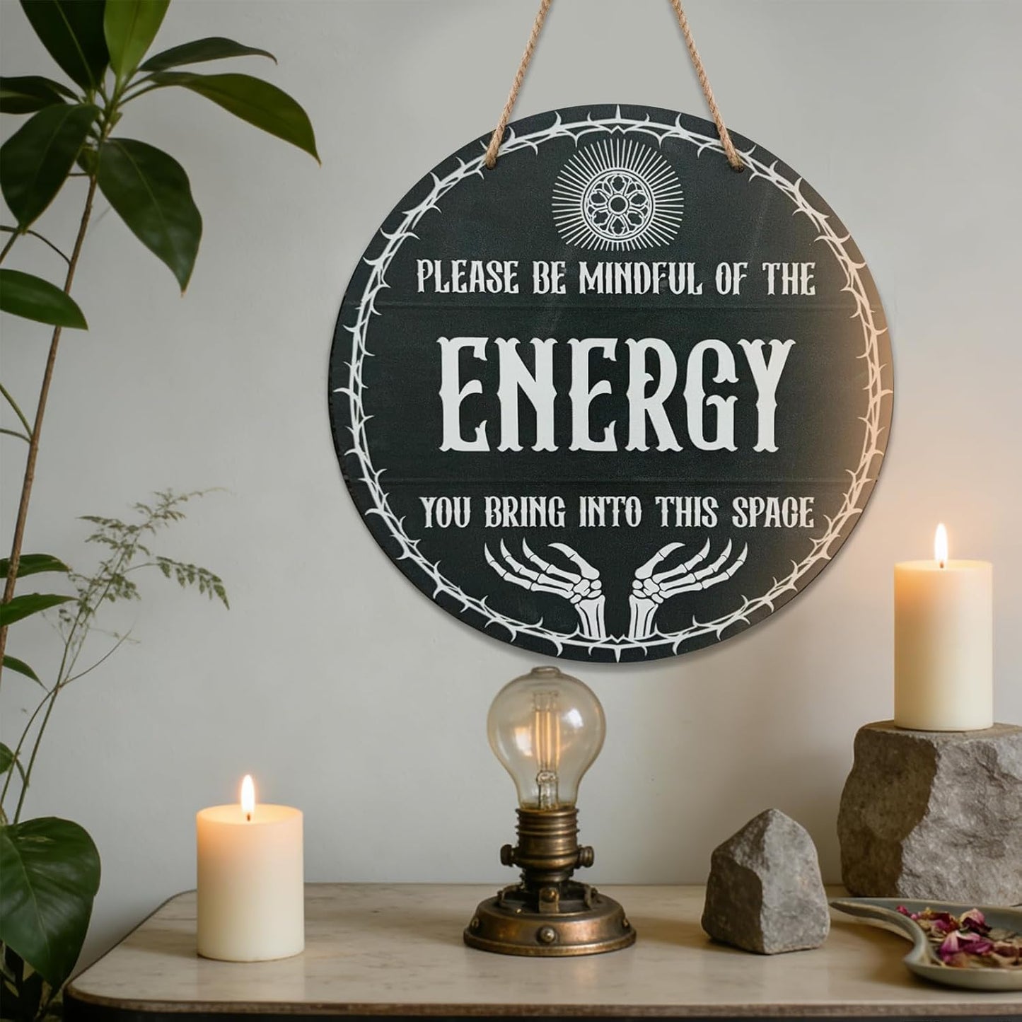 Witch Decor Sign Gothic Positive Energy Decorative Sign Witchy Home Decor with Inspirational Quote, Black And White Aesthetic Wall Art for Gothic Office or Home Decor Wiccan Gifts for Men Women