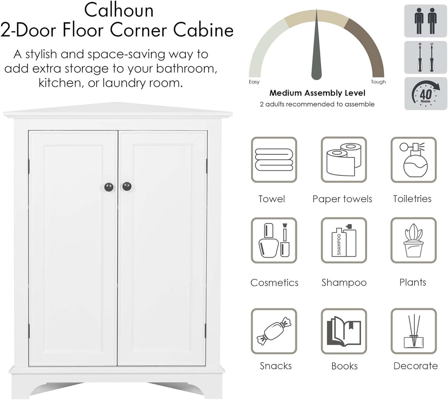 Spirich Floor Corner Cabinet with Doors and Shelves, Freestanding Bathroom Corner Storage Cabinet for Bathroom, Living Room, White
