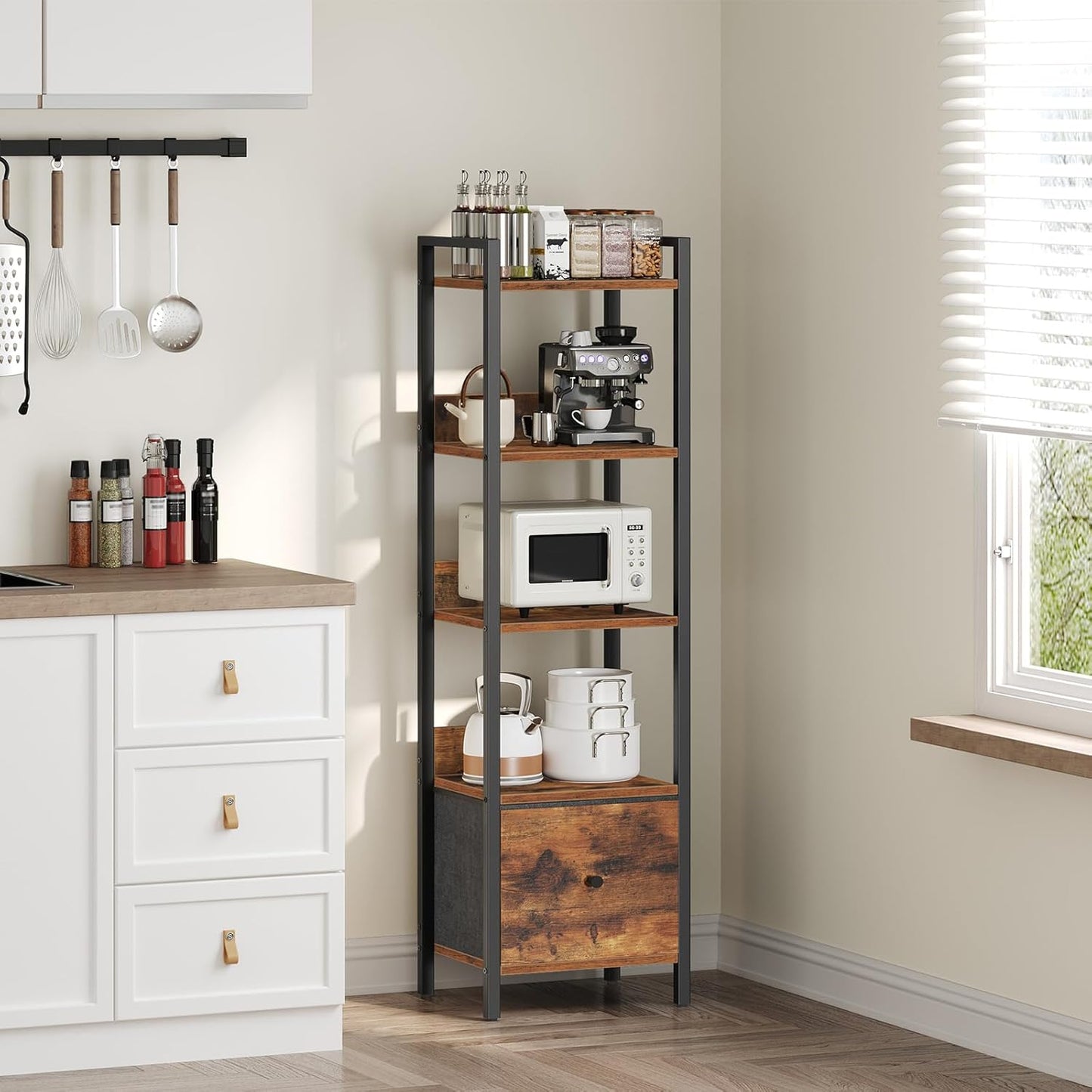 Bookshelf, 5-Tier Bookcase with Drawer, Small Book Shelf for Small Space, Storage Shelf Organizer, for Living Room, Bedroom, Study, Kitchen, Rustic Brown and Black BKHR55101