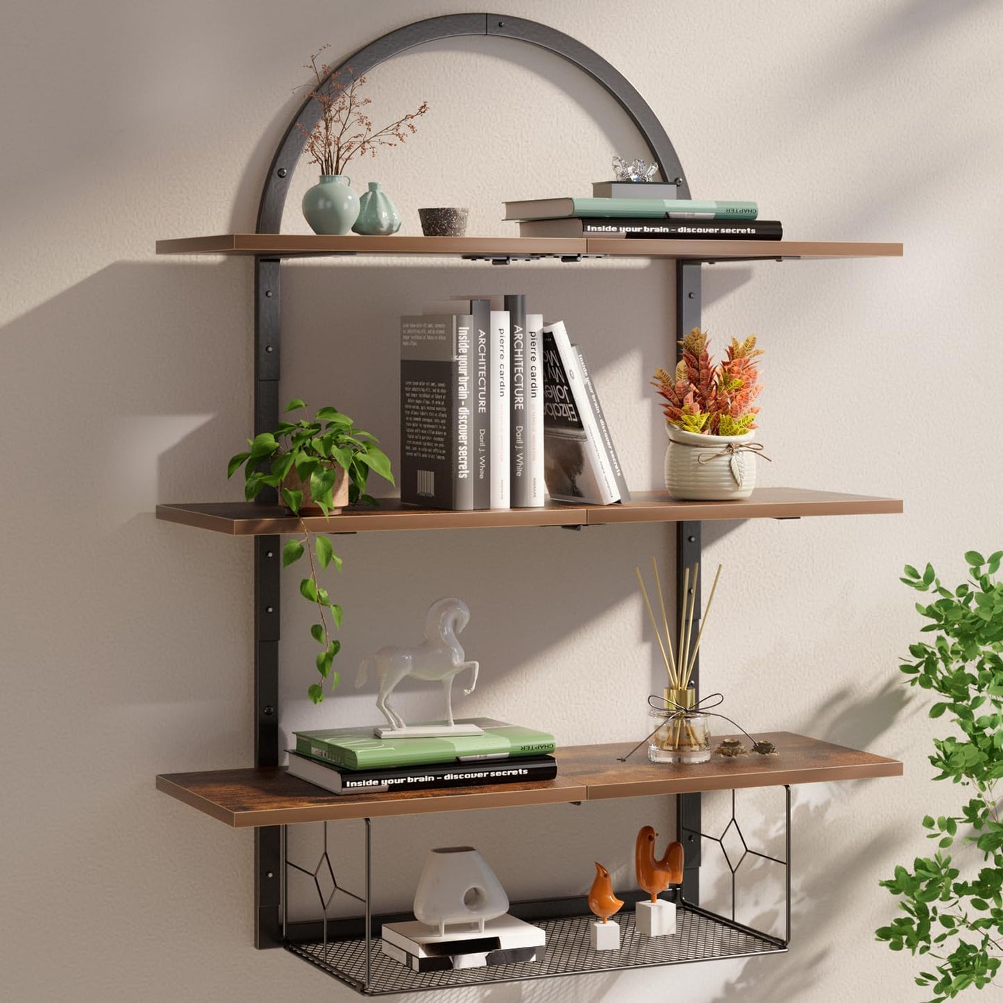 Floating Shelf for Wall- 31.5"x 24" 3+1 Tier Floating Shelves with Basket for Bathroom, Living Room,Bedroom and Kitchen Rustic Brown