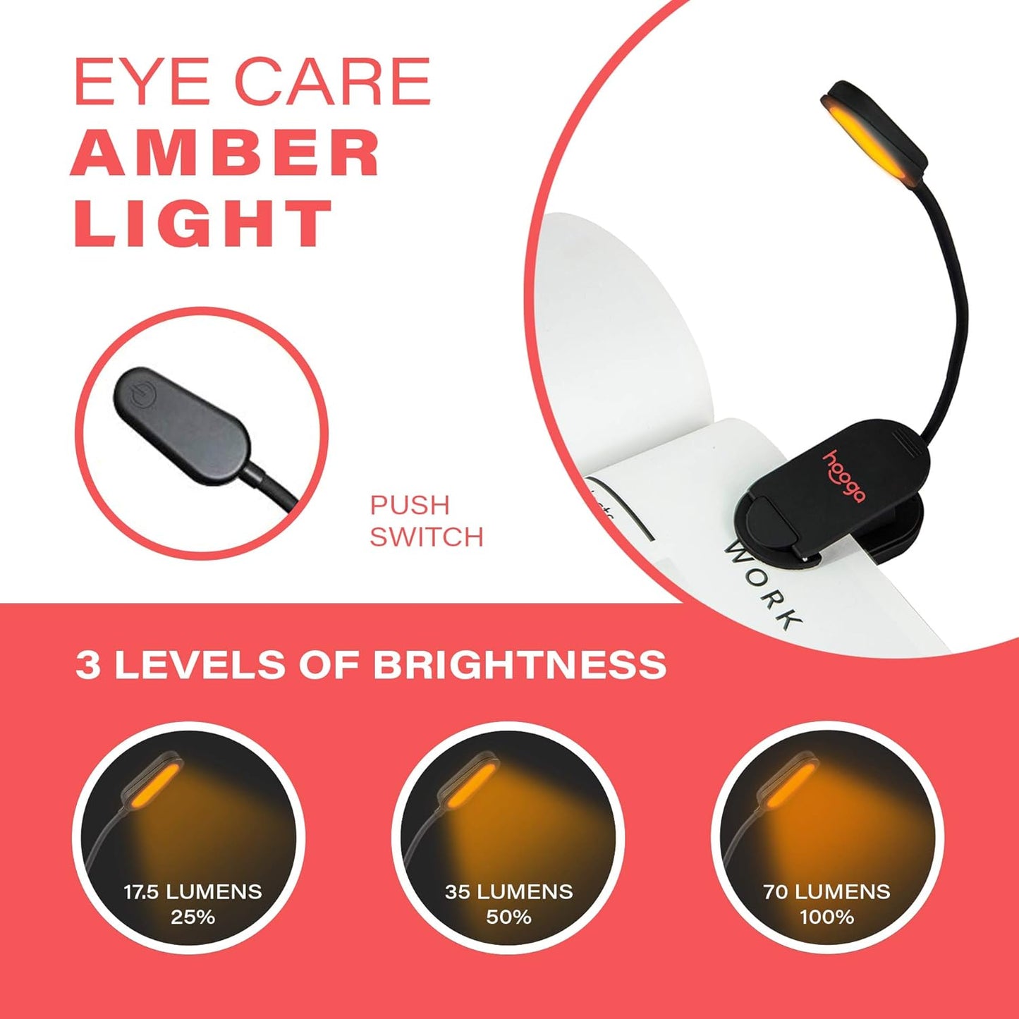 hooga Amber Book Light, Rechargeable Clip-On Blue Light Blocking LED Reading Light, 1600K Warm Eye Care for Bed, Students, Kids, Travel, Nursing, Studying