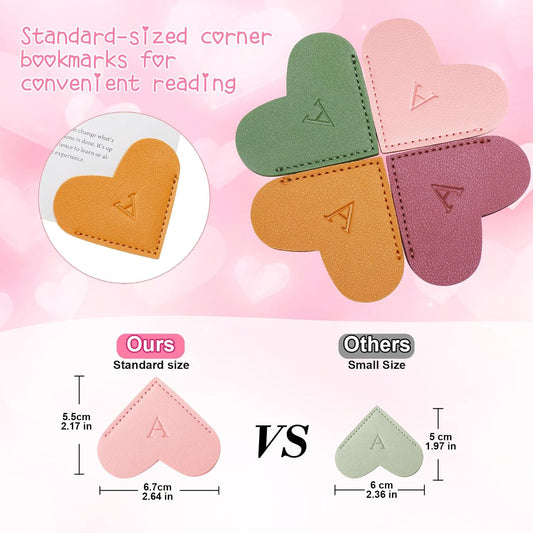Personalized Initial Leather Heart Bookmark,Cute Corner Page Marker,Reading Accessories for Teachers Students Kids Book Lovers Women Gift,for School Office Home Supplies (E(4 Pcs))
