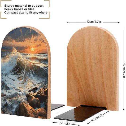 Rocky Wave Sunset Painting Wooden Bookend Non-Slip Book Ends Heavy Duty Book Stopper with Metal Base Books Holderd Decorative Bookends Stands Firmly for Office Supplies