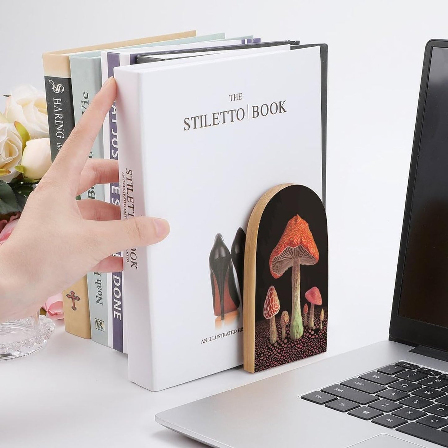 Mushroom Bookends 1 Pair Heavy Duty Book Ends for Shelves Non-Skid Bookend Supports Wooden Book Holders with Metal Base Desk Organizers Books Storage to Hold Books