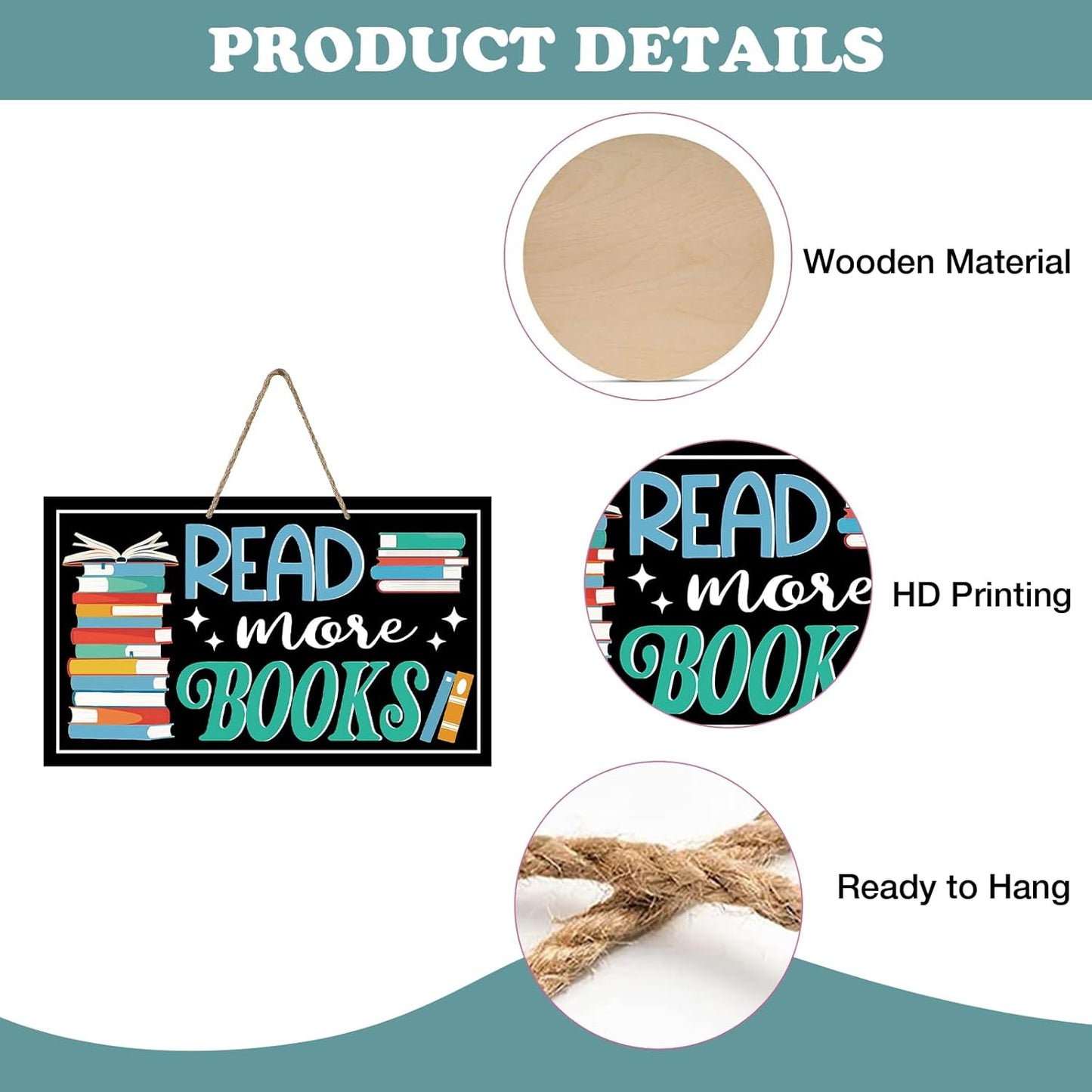 Read More Books Front Door Sign, Inspirational Reading Corner Wood Hanger Home School Library Classroom Decor, Wooden Wreath Indoor Study Wall Hanging Decoration Bookish Book Lovers Gift