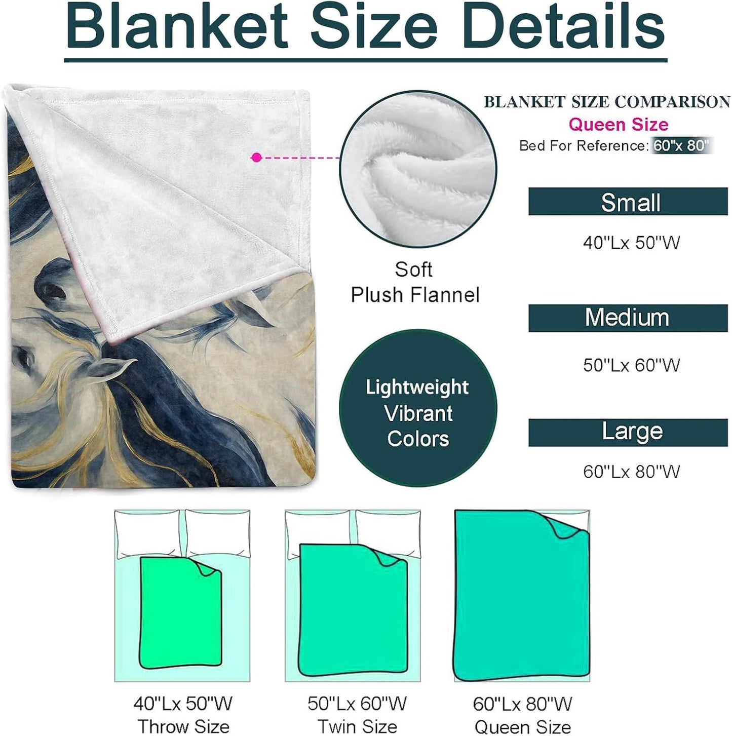 Horse Blanket, Elegant Animal Flannel Throw, Soft Cozy Lightweight Throws Blankets for Women Kids Girls Boys, Minimalist Wildlife Home Decor for Sofa Couch Bedroom Home, 60x50 Inch