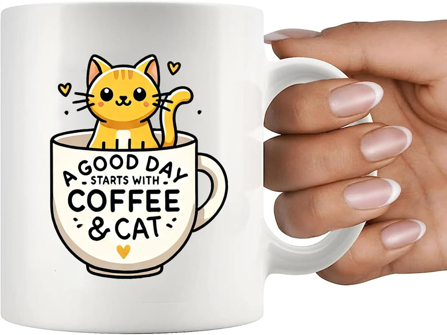 Panvola A Good Day Starts With Coffee and Cat Cute Cat Gifts for Coffee Lover Girlfriend Boyfriend Sister Brother Friend Pet Owner Mom Dad Ceramic Mug 11 oz White