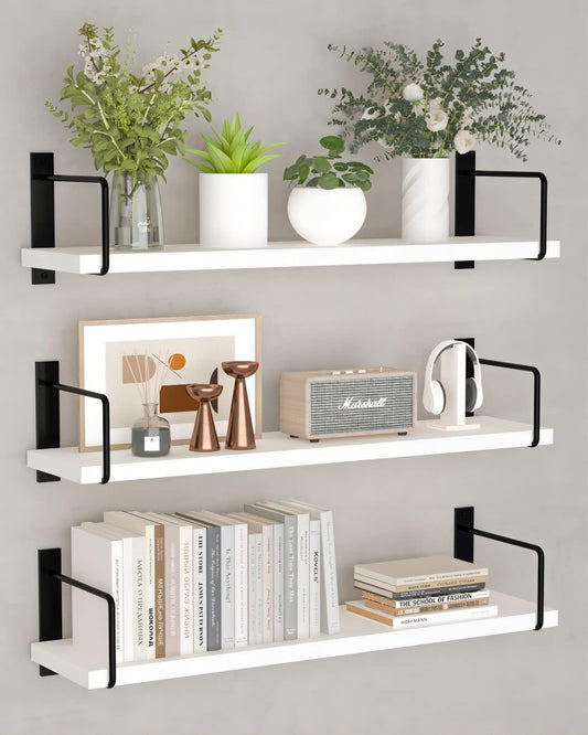 Floating Shelves - 24 Inch Wall Mounted Set of 3, Rustic Wood Shelves for Living Room Storage and Wall Decor (White)