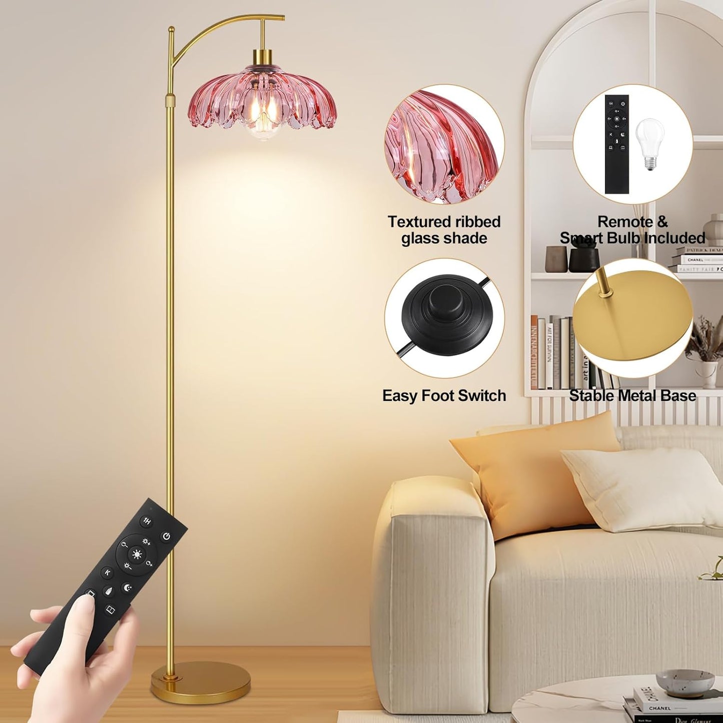 Floor Lamp for Living Room,Bedroom,Gold Dimmable Standing Lamp with Remote,Mid Century Modern Brass Tall Lamp Retro Vintage Pink Glass Lamp Floor Light Boho Bohemian